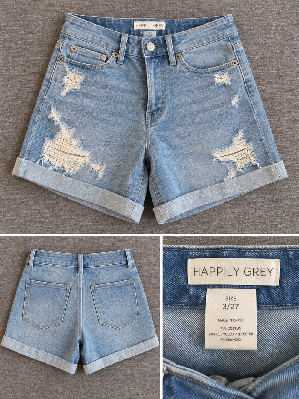 Happily Grey Light Blue Distressed Roll-Cuff Denim Shorts